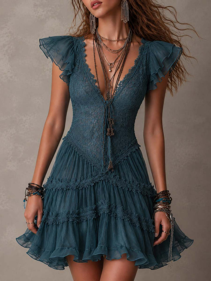 Retro Blue Lace &amp; Chiffon Ruffled Mini Dress