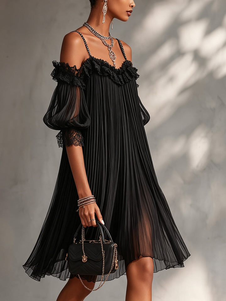 Black Off-Shoulder Mini Dress with Lace Trim