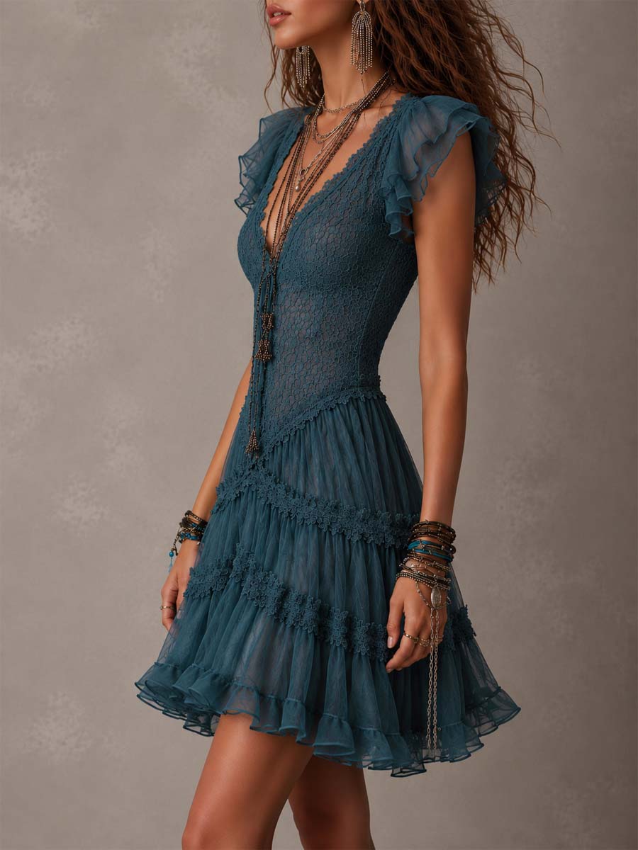 Retro Blue Lace &amp; Chiffon Ruffled Mini Dress