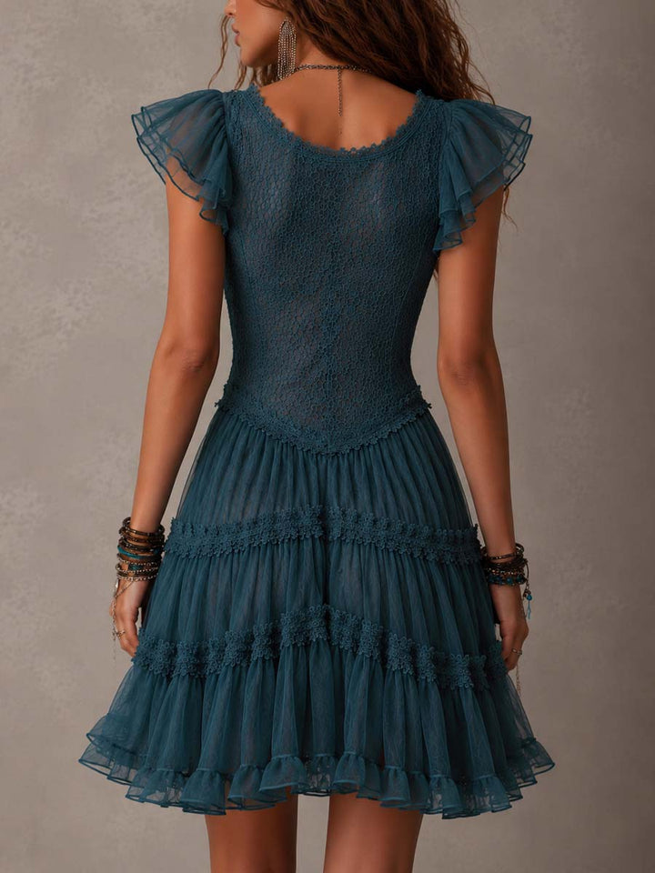 Retro Blue Lace &amp; Chiffon Ruffled Mini Dress