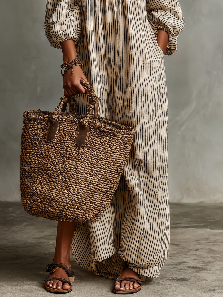 Carmen | Abito lungo in cotone e lino con design off-the-shoulder