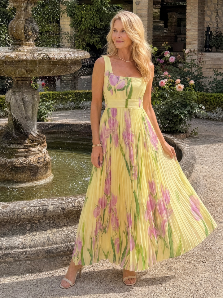 Robe Midi Sans Manches en Satin avec Décolleté Carré et Plis Élégants