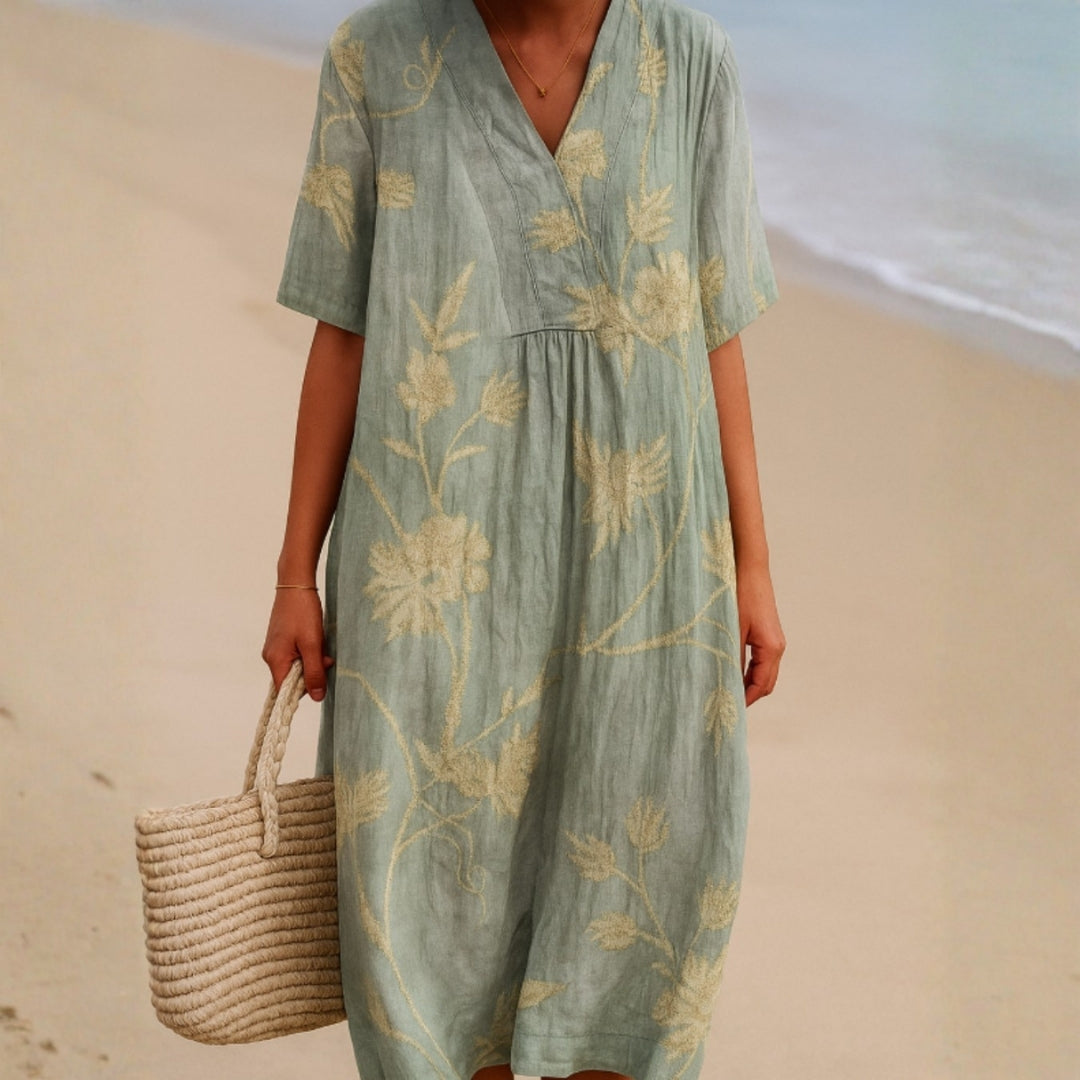 Clementina - Vestido Azul-Gris con Bordado Floral