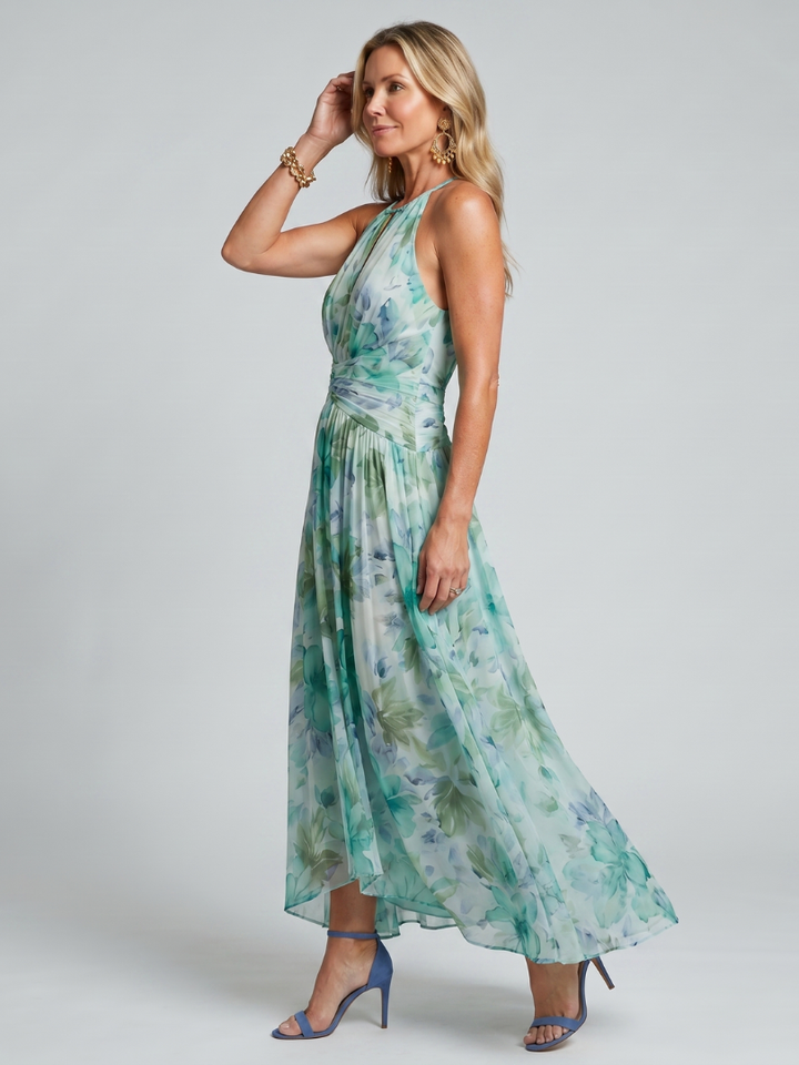 Robe Midi Portia en Crêpe Plissé avec Col Halter et Imprimé Floral