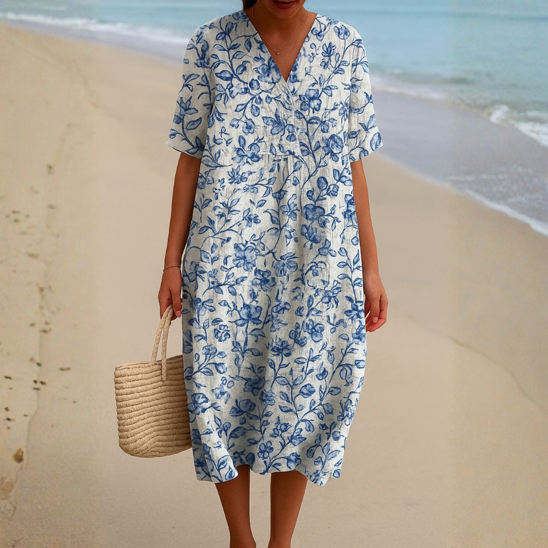Magnolia - Ivory Dress with Porcelain Blue Floral Accents
