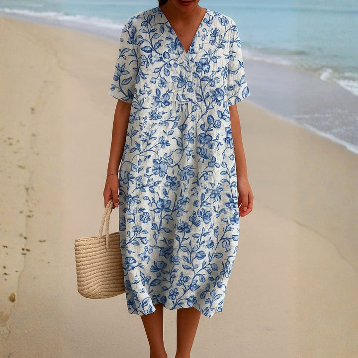 Magnolia - Ivory Dress with Porcelain Blue Floral Accents