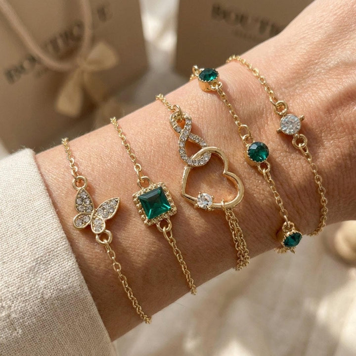 Hallow Heart Green Crystal Stone Bracelet Set