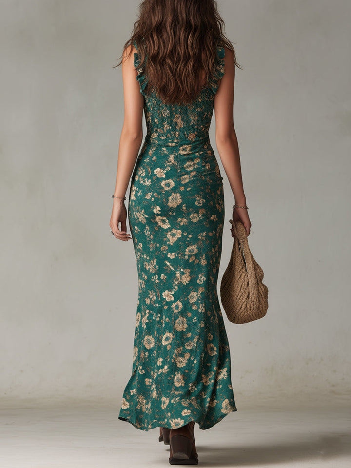 Robe longue bohème rétro en tissu fluide avec manches bouffantes et fente élégante