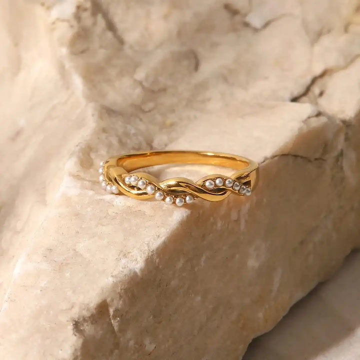 Dainty Gold Twisted Pearl Stacking Ring