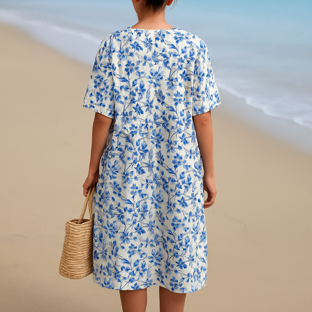 Magnolia - Ivory Dress with Porcelain Blue Floral Accents