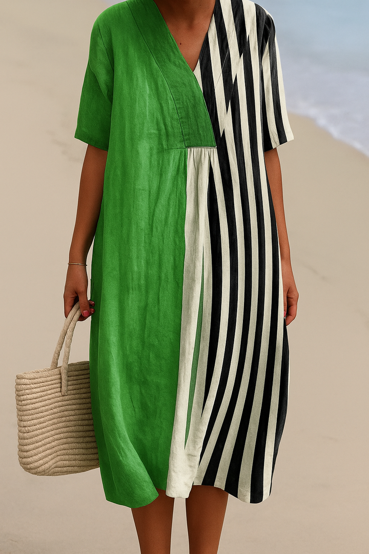 Noémia - Vestido Verde Vibrante con Rayas Negras