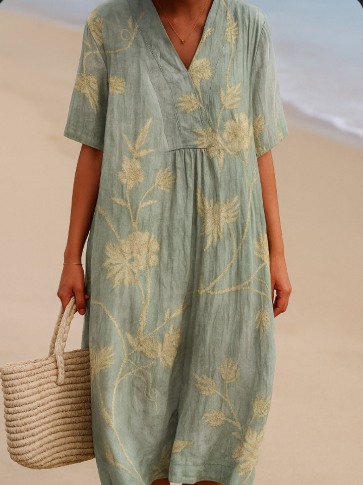 Clementina - Vestido Azul-Gris con Bordado Floral