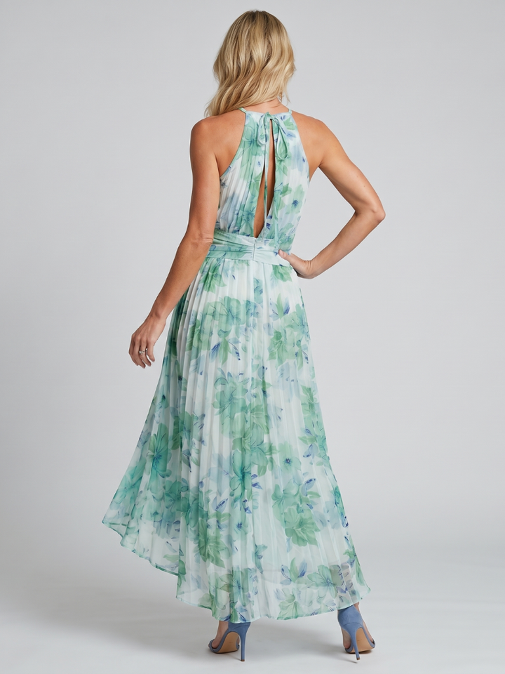 Robe Midi Portia en Crêpe Plissé avec Col Halter et Imprimé Floral