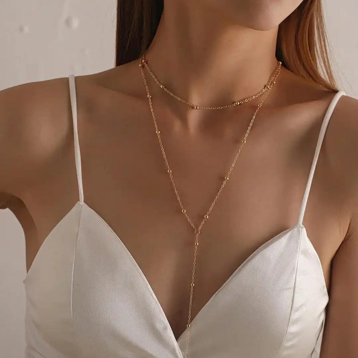 Gold Double Layered Long Tassel Beads Necklace