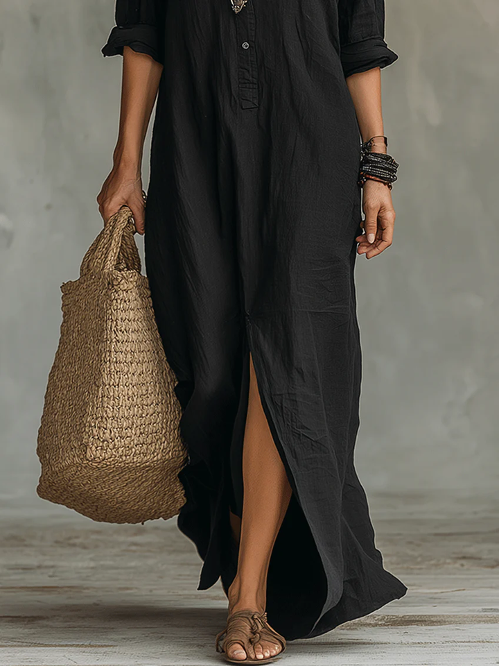 Veronica™ | Abito Maxi Nero Lungo con Bottoni