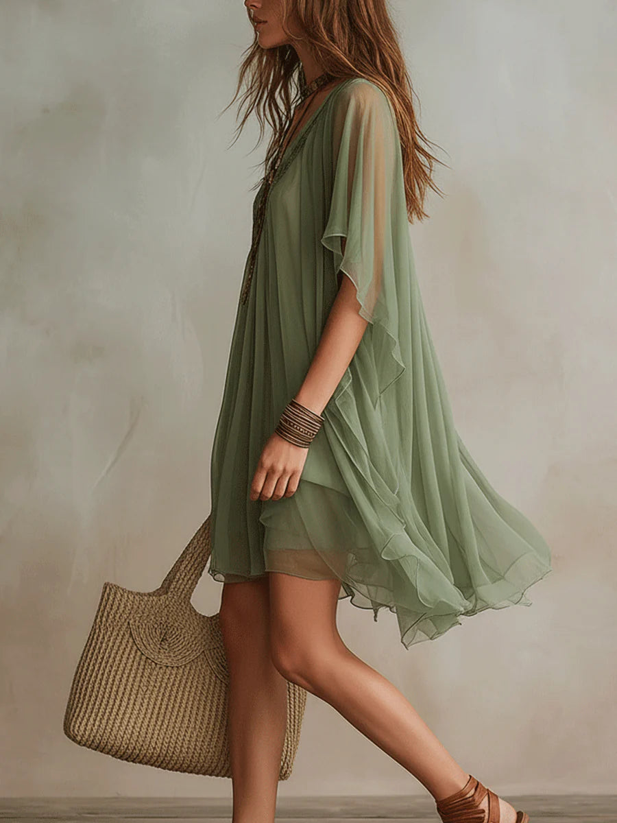 Green V-neck Layered Flowy Mini Dress