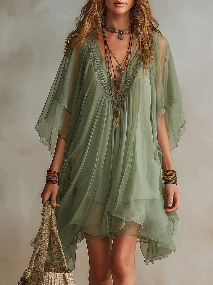 Green V-neck Layered Flowy Mini Dress