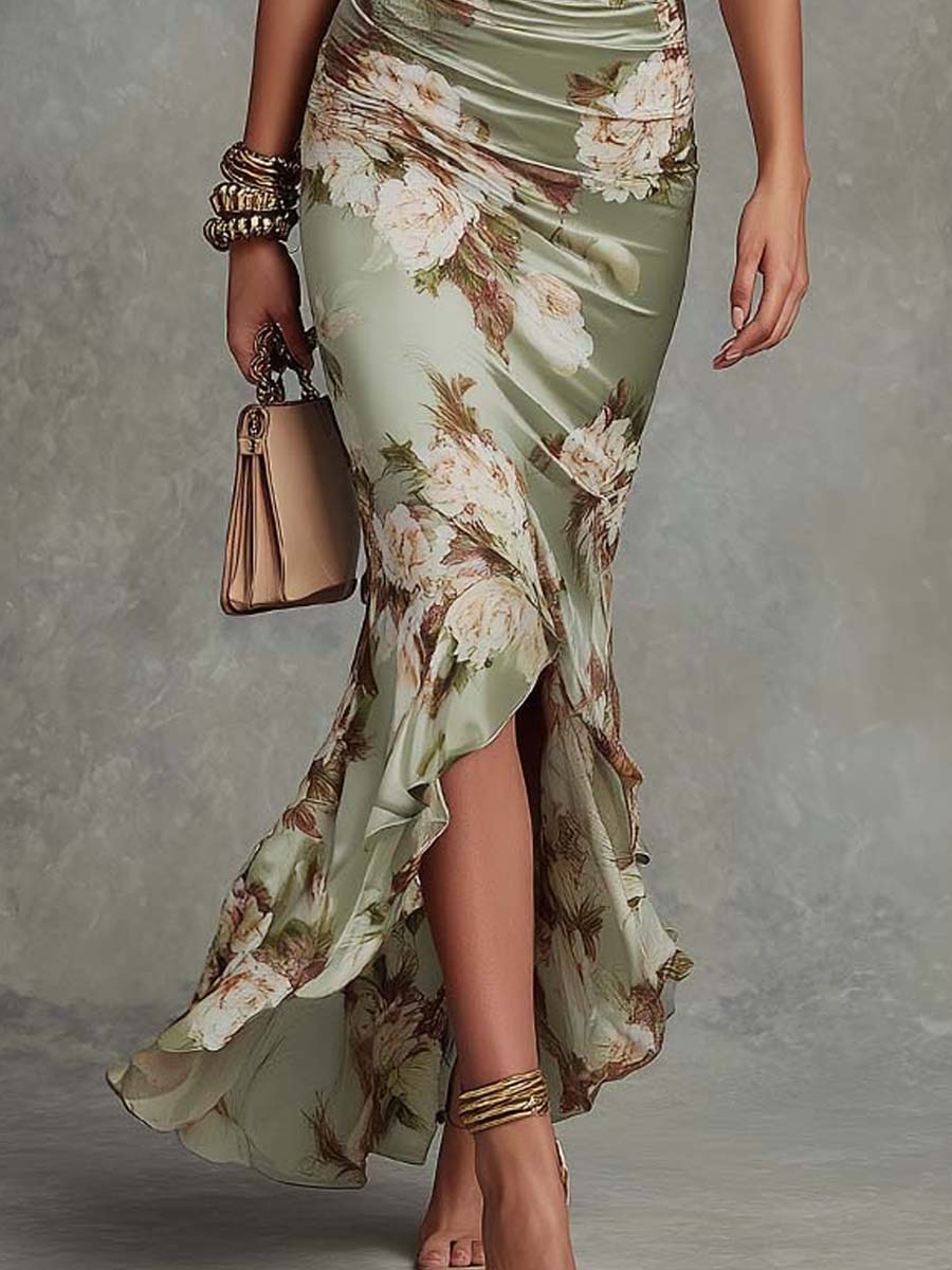 Anna - Asymmetrical long dress in green satin with V-neck, flared puff sleeves, and floral pattern