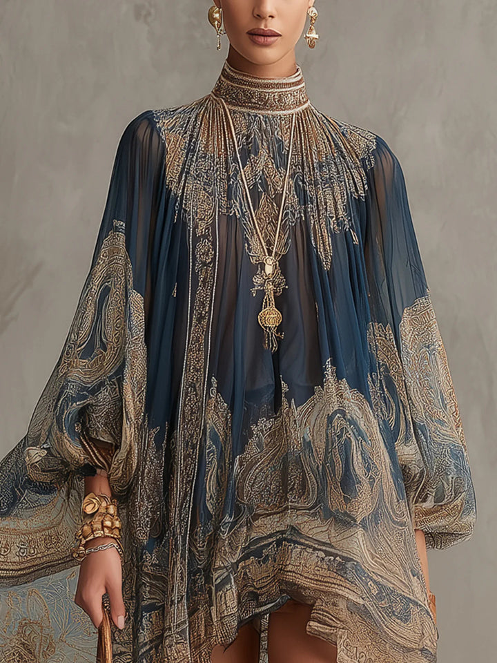 Navy Blue Baroque Print High-neck Irregular Mini Dress