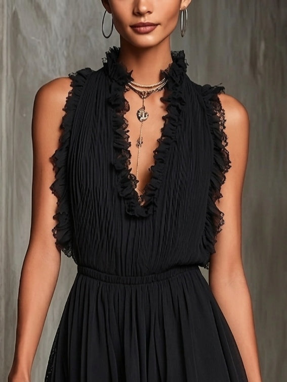 Black Ruffle Trim Mini Jumpsuit