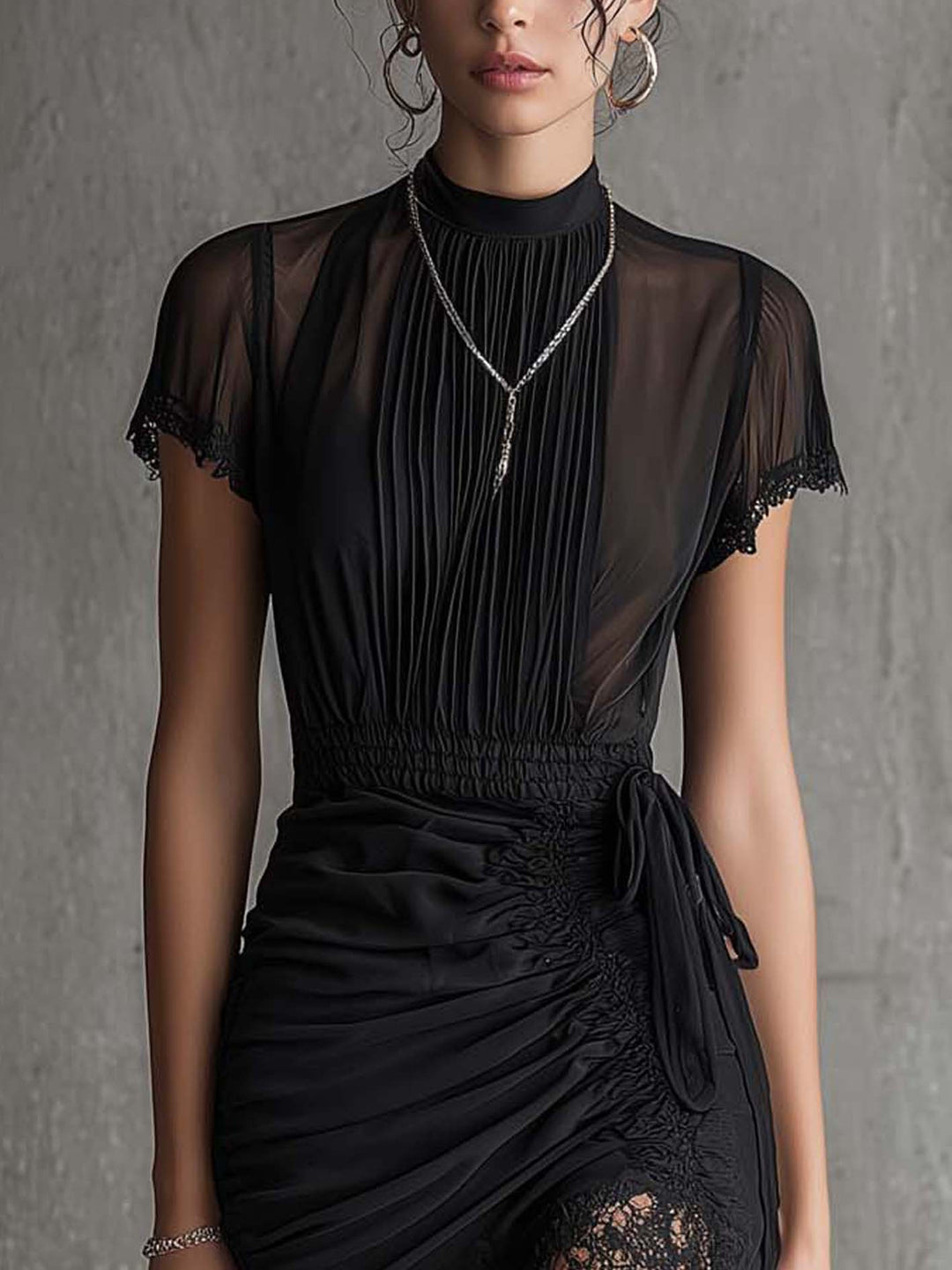 Black Pleated Waist Lace-trimmed Mini Dress