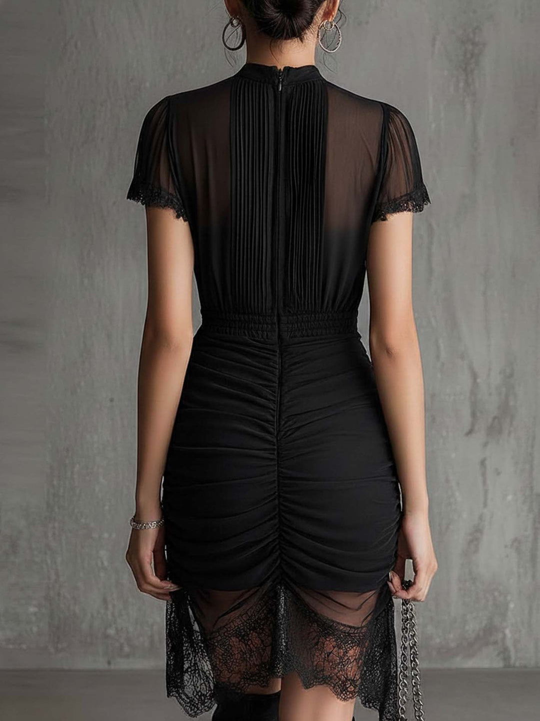 Black Pleated Waist Lace-trimmed Mini Dress