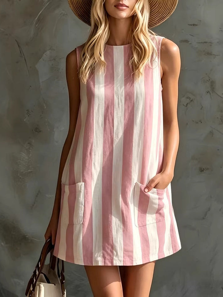 Retro Striped Sleeveless Round Neck Mini Dress