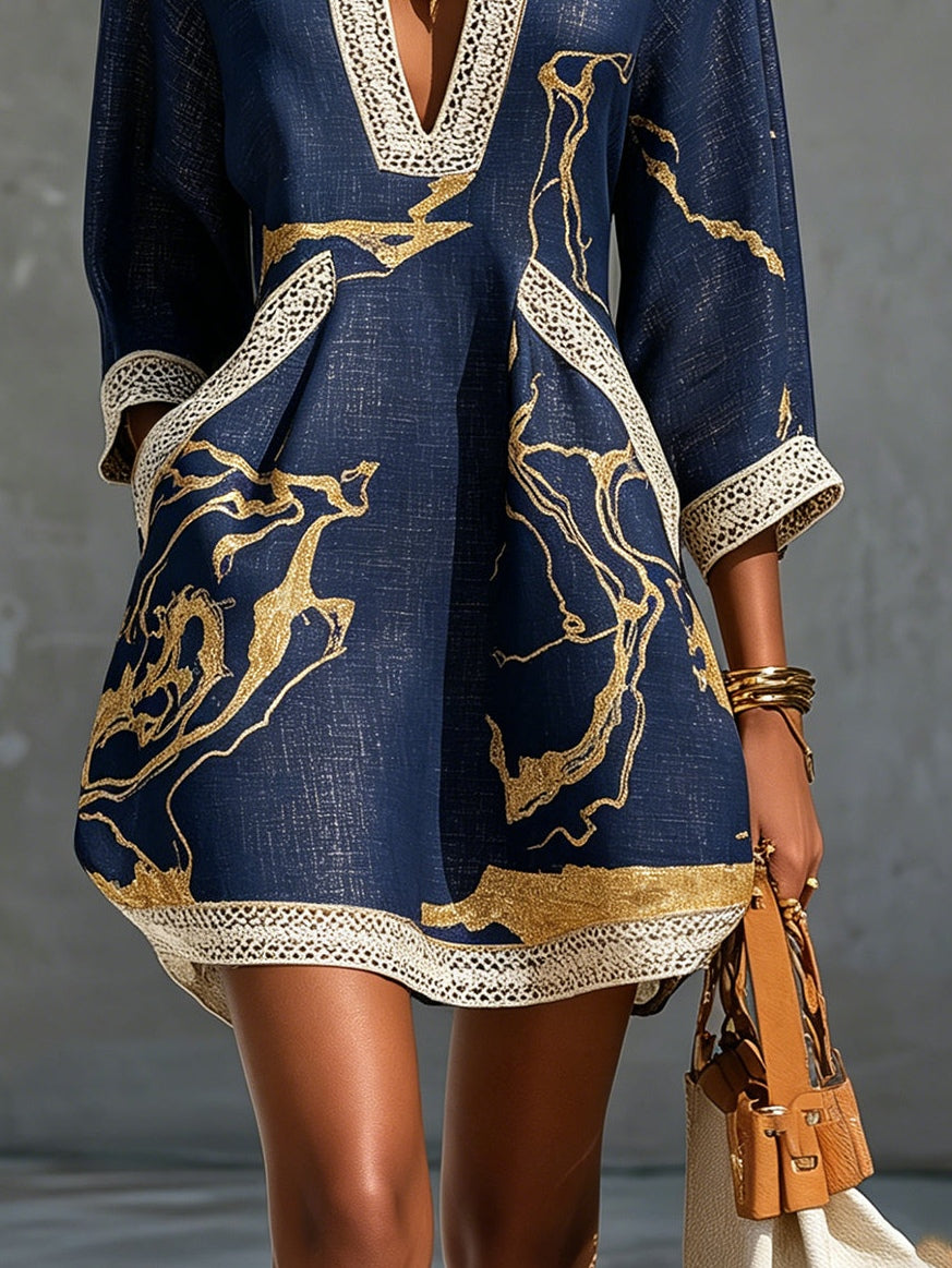 Navy Gold Printed V-neck Mini Dress