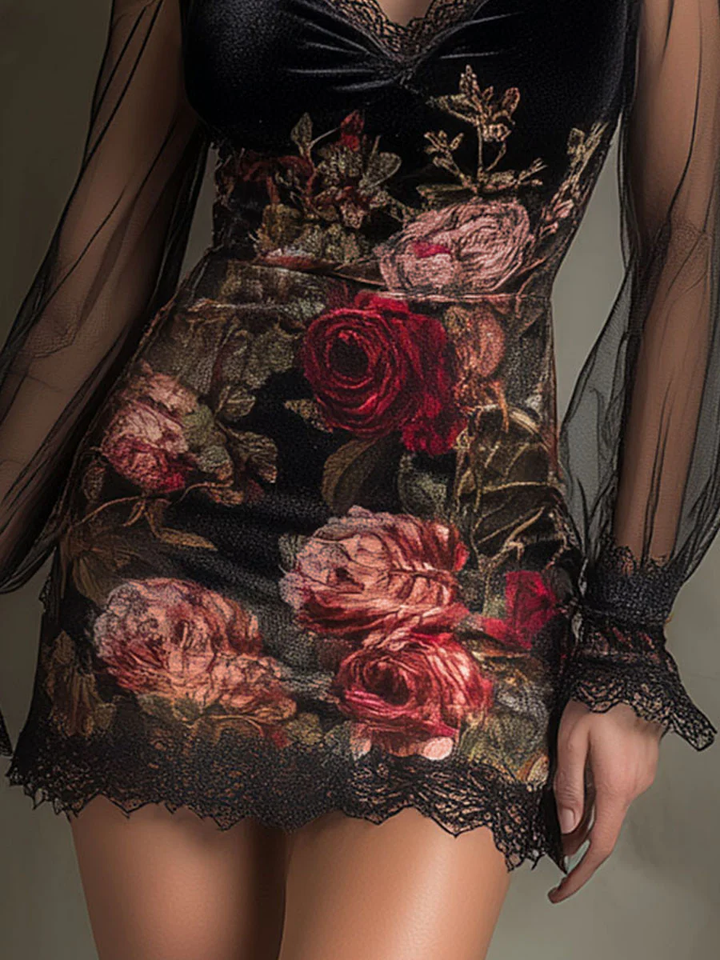 Rose Print Tulle Lace Trim Mini Dress