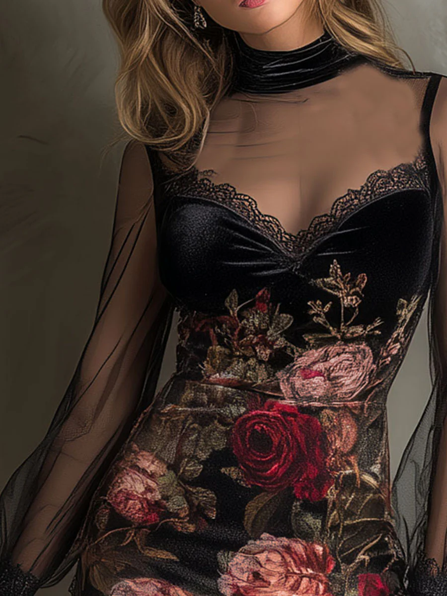 Rose Print Tulle Lace Trim Mini Dress