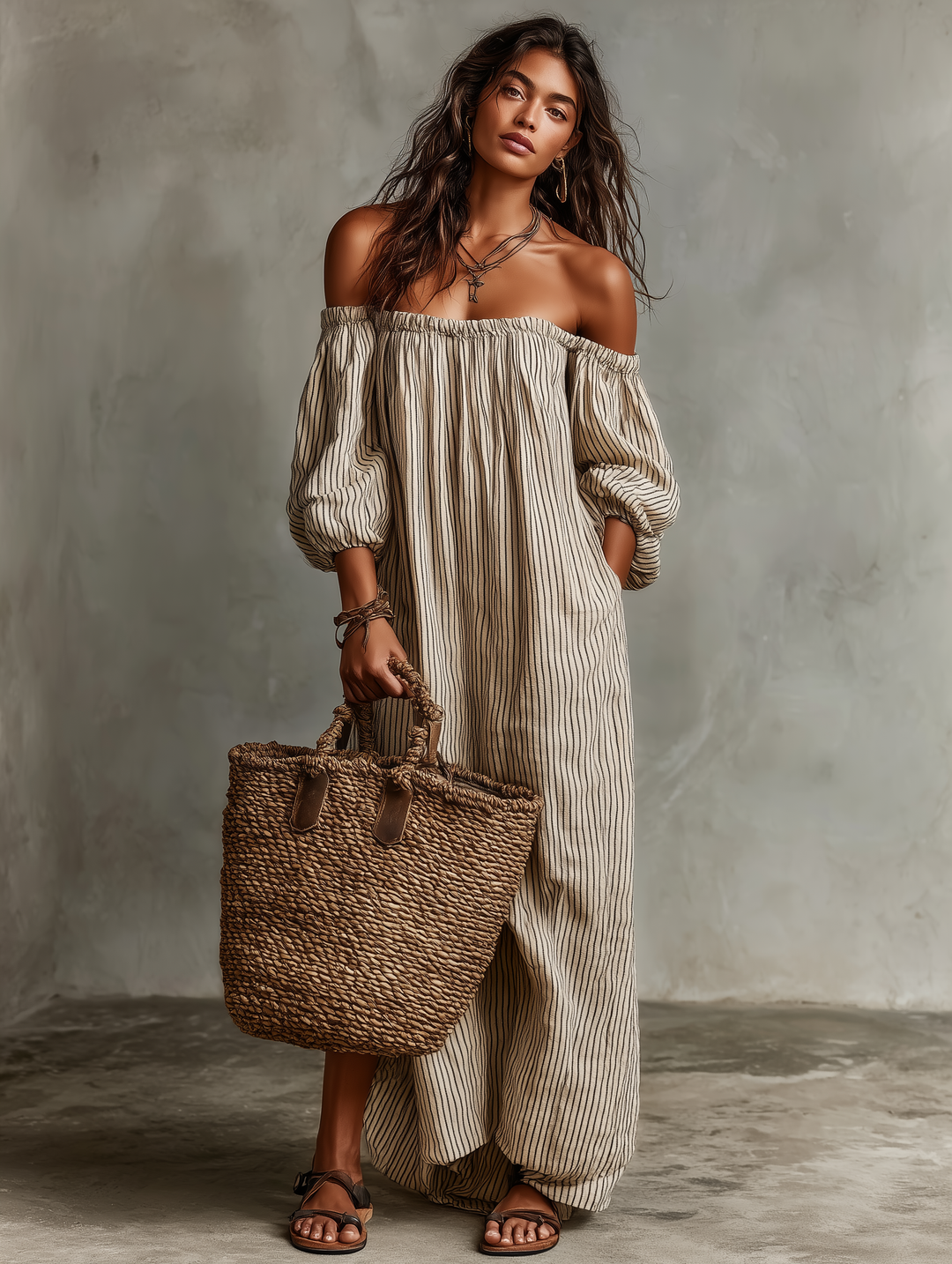 Carmen | Abito lungo in cotone e lino con design off-the-shoulder