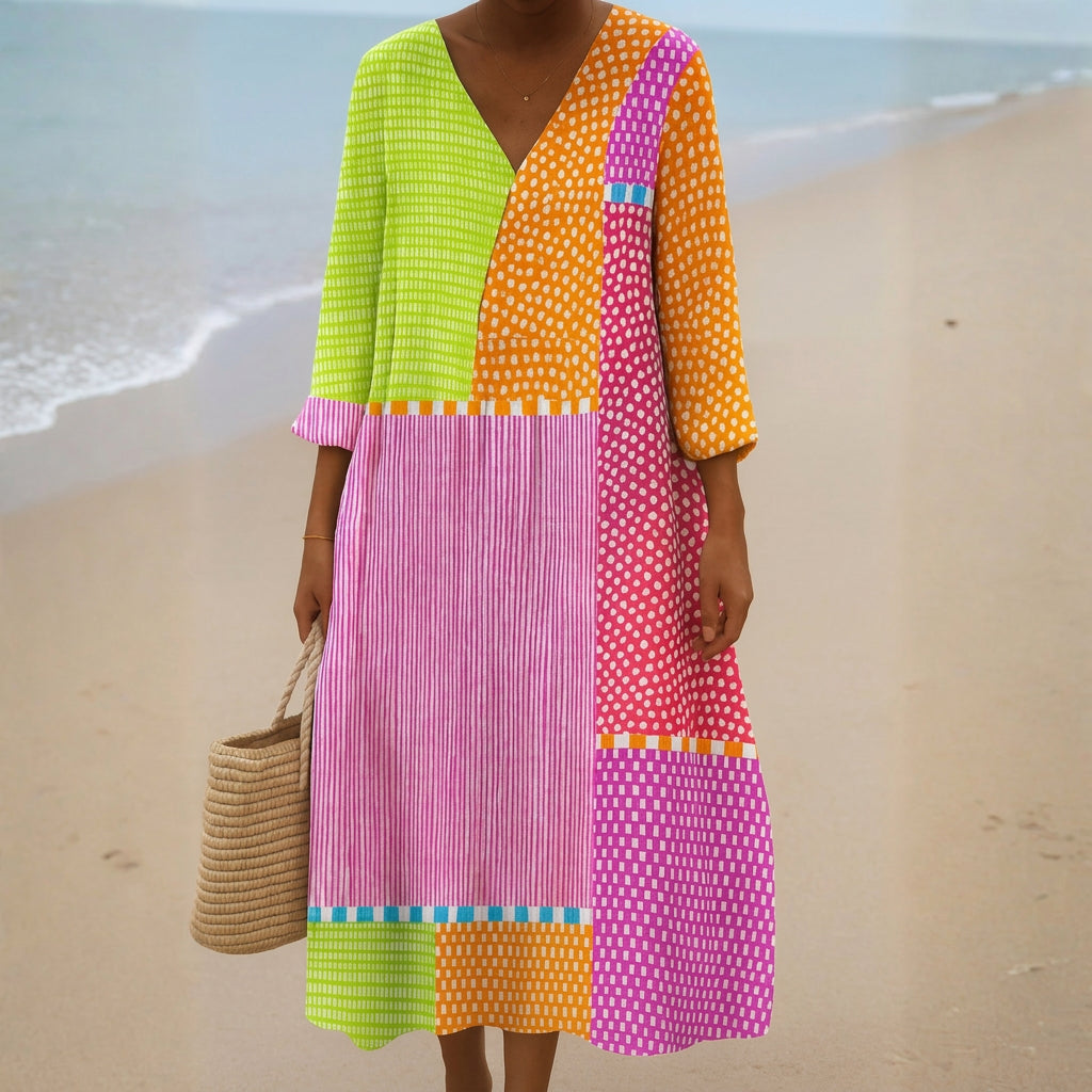 Fátima - Colorful Patchwork Dress with Dots and Stripes
