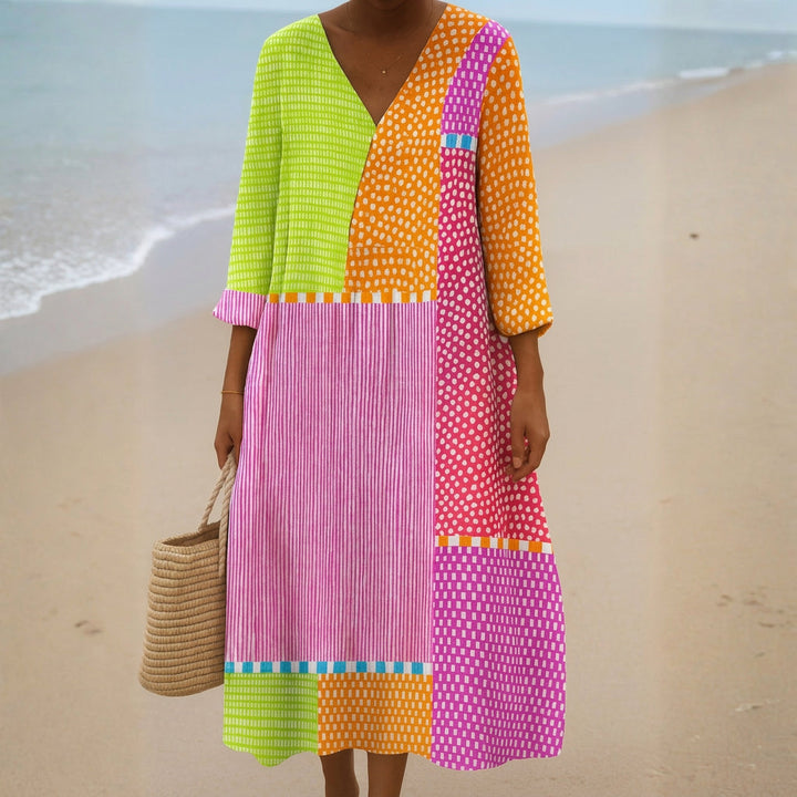 Fátima - Colorful Patchwork Dress with Dots and Stripes