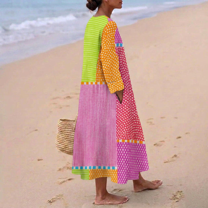 Fátima - Colorful Patchwork Dress with Dots and Stripes