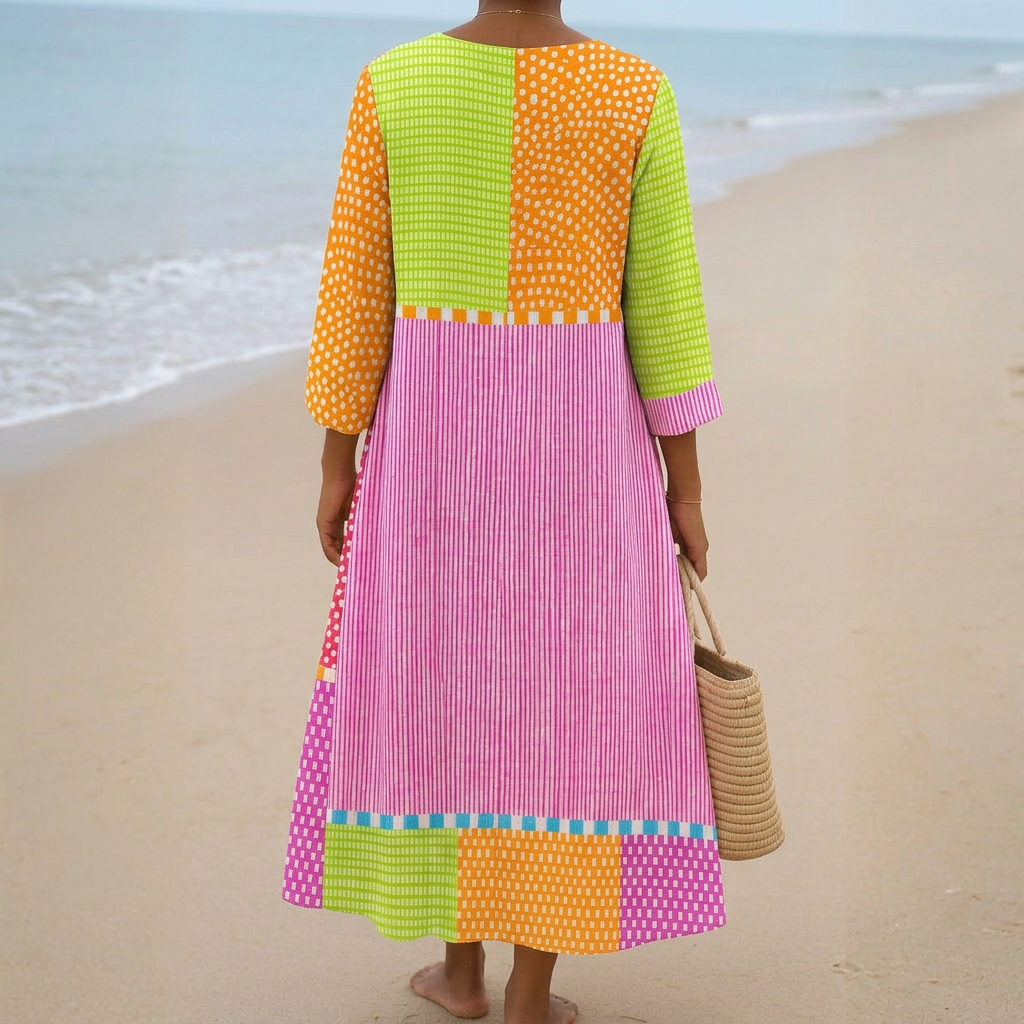 Fátima - Colorful Patchwork Dress with Dots and Stripes