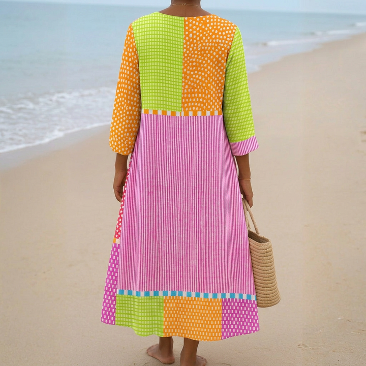 Fátima - Colorful Patchwork Dress with Dots and Stripes