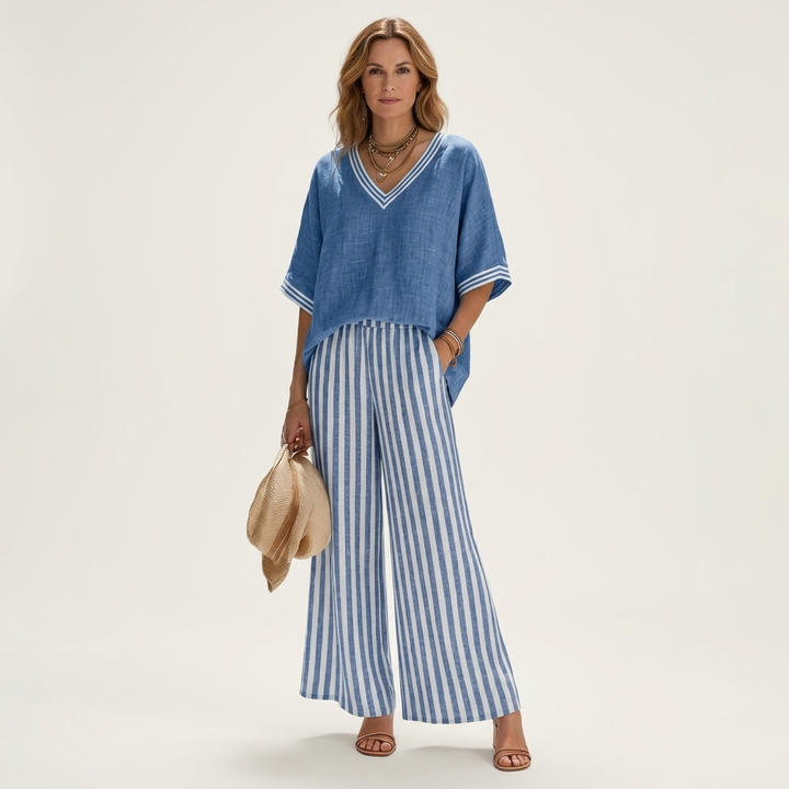 Juliana | V-Neck Varsity Top &amp; Stripe Wide-Leg Set