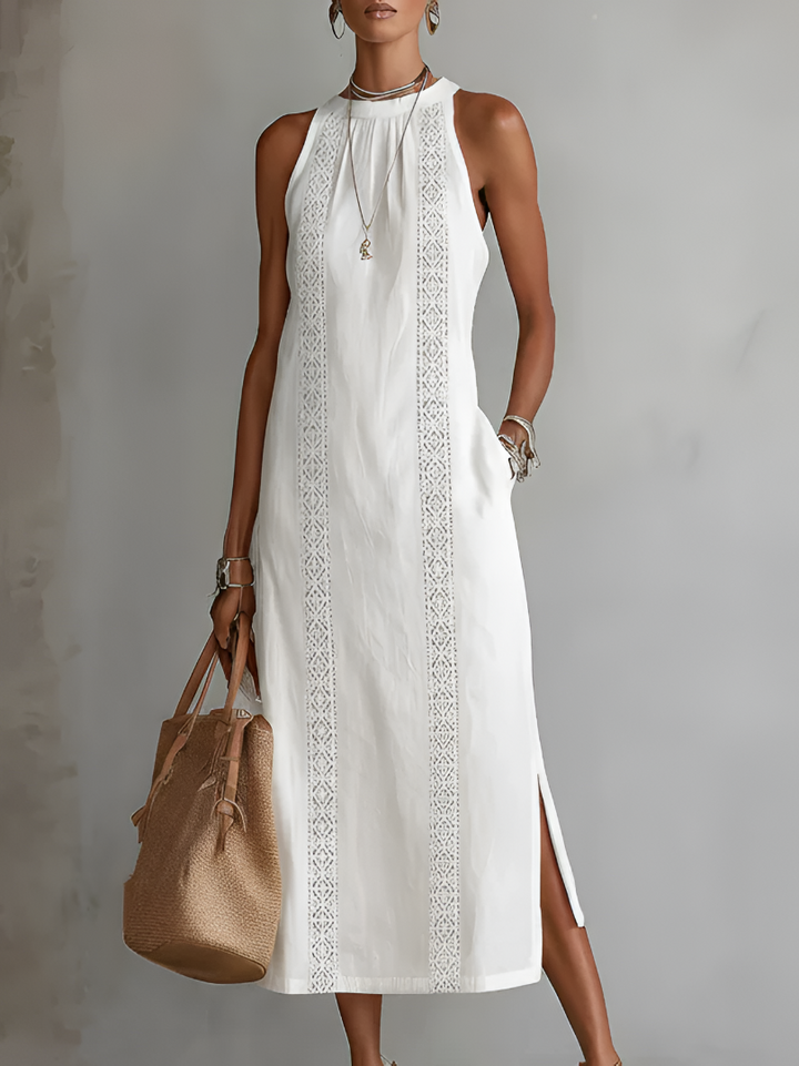 Tatiana | Abito Midi in Lino con Collo Mao