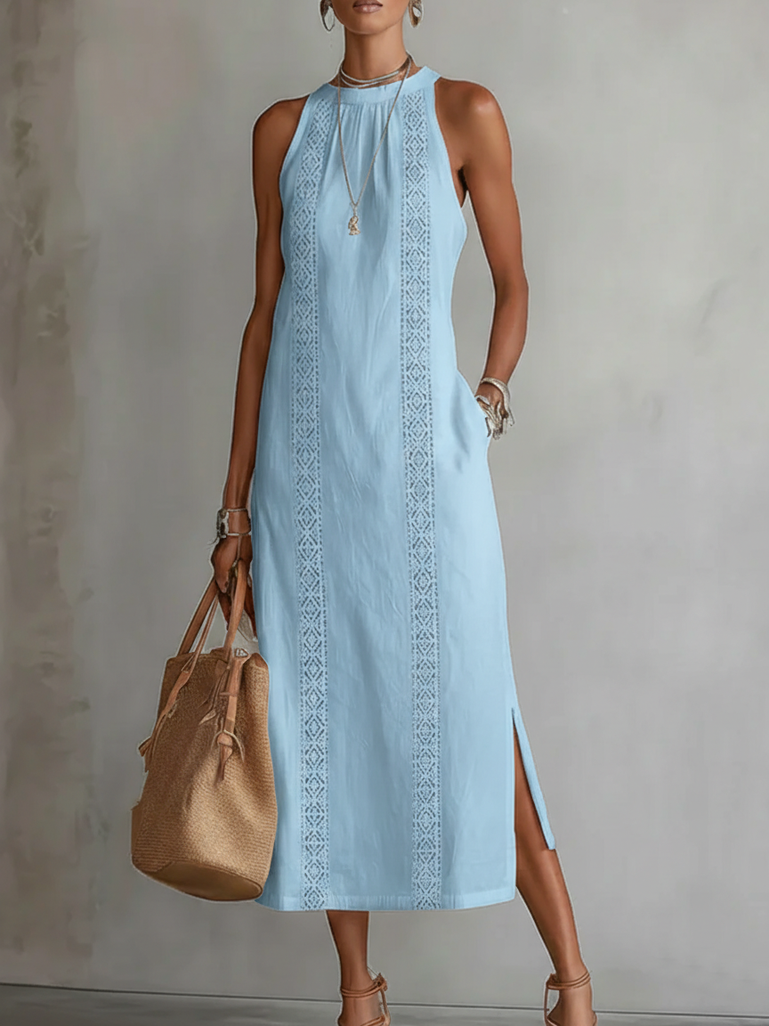 Tatiana | Abito Midi in Lino con Collo Mao